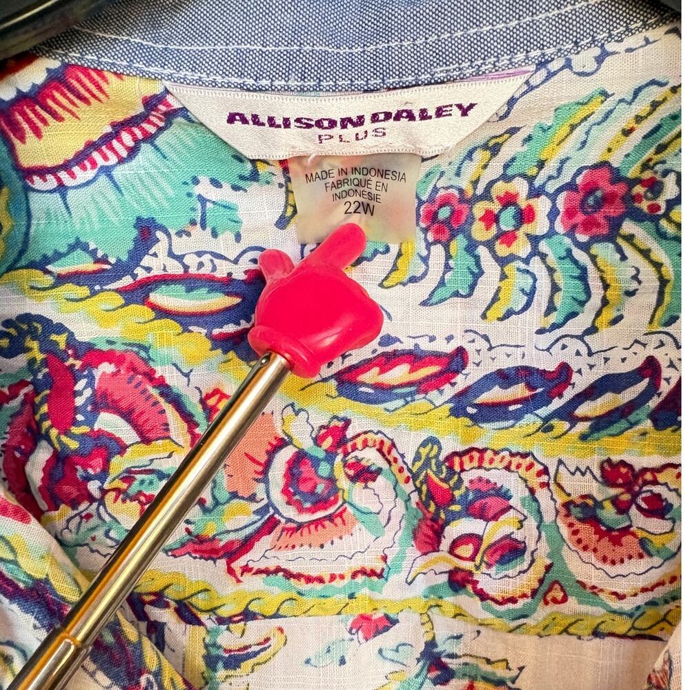 Allison Daley Plus Textured Cotton Paisley Button Up w Chambray Trim size 22W - Picture 3 of 12